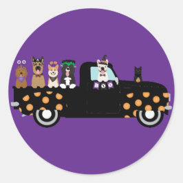 Sticker Rond Chiens D'Halloween Dans Un Camion De Ramassage