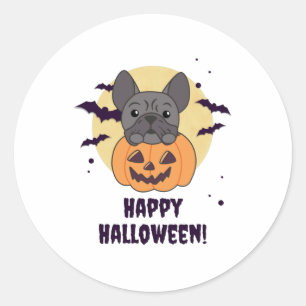 Sticker Rond Chiens doux Citrouilles français de Bulldog Joyeux