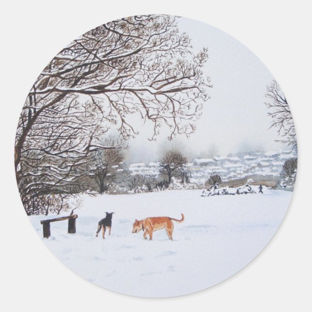 Sticker Rond chiens jouant dans un paysage enneigé Noël pittore (Devant)
