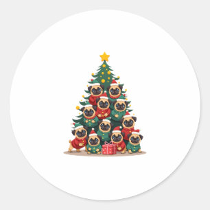 Sticker Rond Chiens Pug Arbre de Noël Mignon Noël (2)