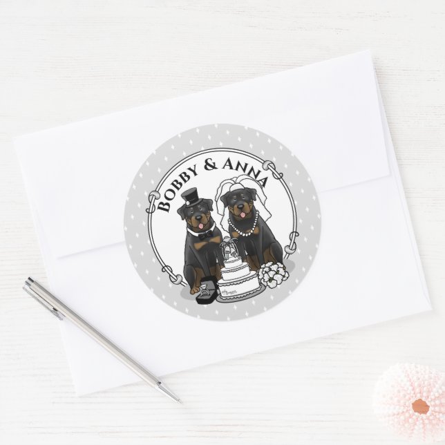 Sticker Rond Chiens Rottweilers mariés Chien mariée et mari Mig (Enveloppe)