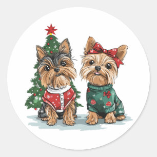 Sticker Rond Chiens Yorkie de Noël