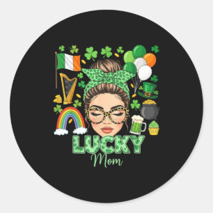 Sticker Rond Chignon décoiffé cheveux maman chanceuse trèfles s