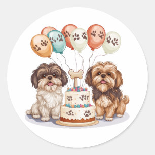 Sticker Rond Chih Tzu Chiens Anniversaire Gâteau