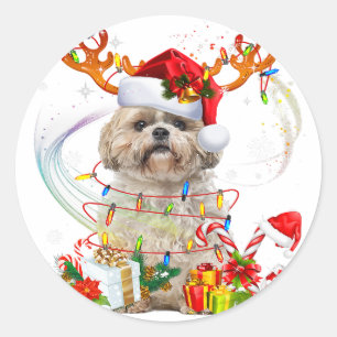 Sticker Rond Chih Tzu Christmas Reindeer   Lumières de Noël