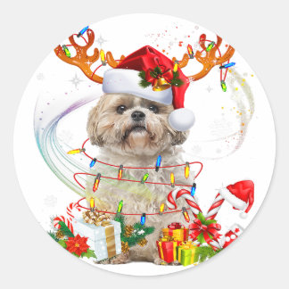Sticker Rond Chih Tzu Christmas Reindeer | Lumières de Noël