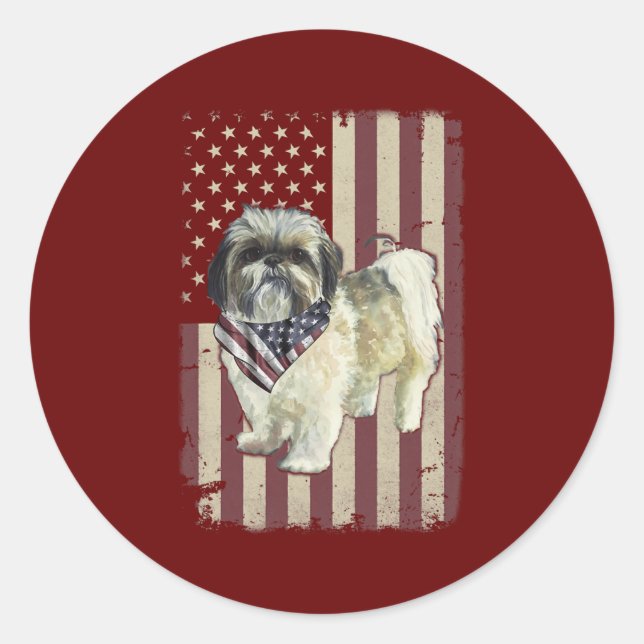 Sticker Rond Chih Tzu Drapeau Américain Bandana Patriotique 4èm (Devant)