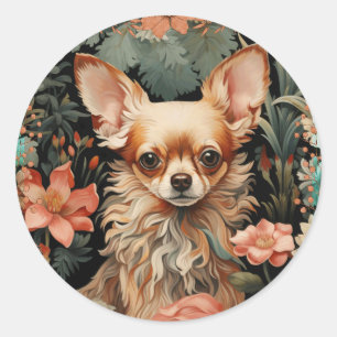 Sticker Rond Chihuahua avec des fleurs en style William Morris