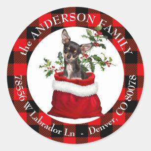 Sticker Rond Chihuahua Chien Noir Tan Plaid Cadre
