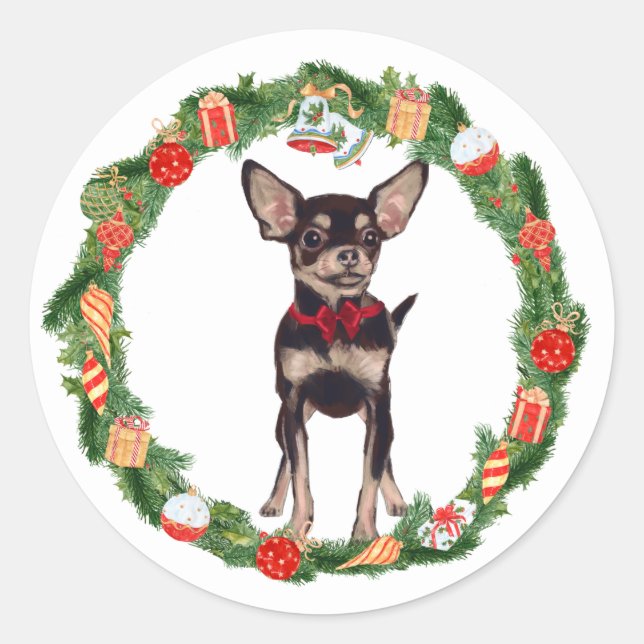 Sticker Rond Chihuahua Chien ornement de Noël Wreath (Devant)
