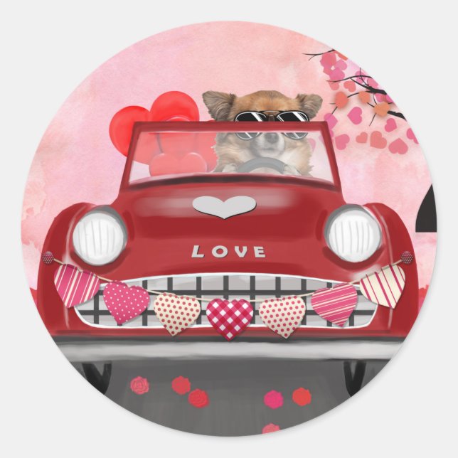 Sticker Rond Chihuahua Chien voiture avec les coeurs Valentine' (Devant)