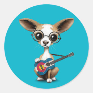 Sticker Rond Chihuahua Chiot Jouant à la guitare du drapeau du 