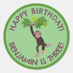 Sticker Rond Chimpanzé mignon dans la jungle anniversaire perso