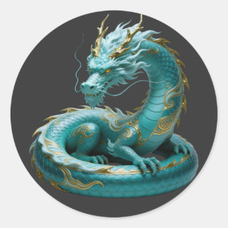 Sticker Rond Chinese Green Gold Dragon Art Fantasy Design With 