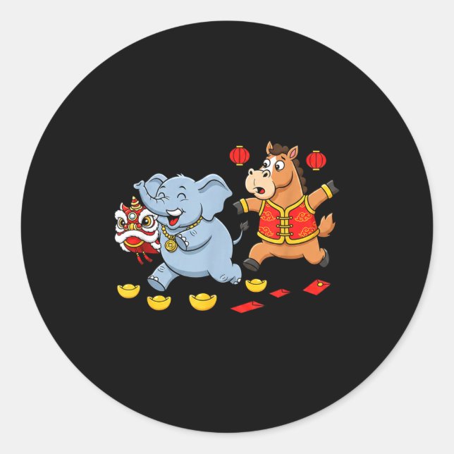 Sticker Rond Chinese Horse Elephant Funny Kids Mens Womens Happ (Devant)