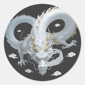Sticker Rond Chinese White Gold Dragon Art Fantasy Design With 