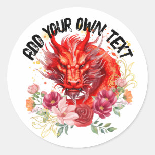 Sticker Rond Chinois Rouge Dragon Floral Année lunaire