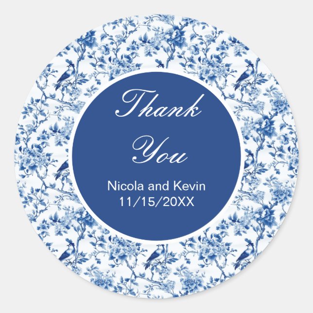 Sticker Rond Chinoiserie Blue Birds and Flowers Wedding (Devant)
