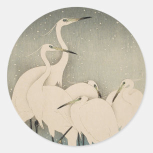 Sticker Rond Chinoiserie Héron Blanc Motif de Neige d'Hiver