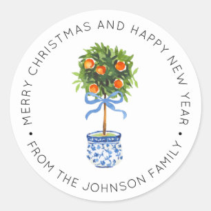 Sticker Rond Chinoiserie Poterie Orange Topiaire Bleu