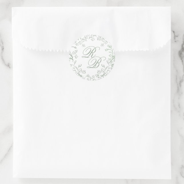 Sticker Rond Chinoiserie romantique Sage Green Initiales Mariag (Sac)