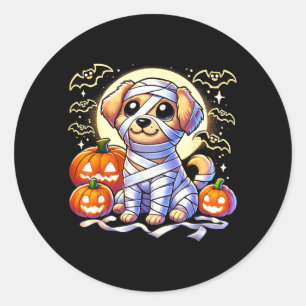 Sticker Rond Chiot adorable enveloppé de momie Halloween Chien 