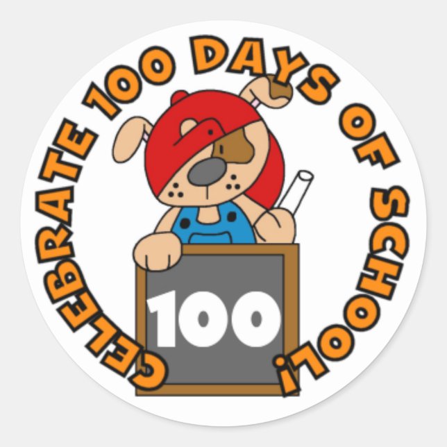 Sticker Rond Chiot avec la craie 100 jours d'autocollants (Devant)