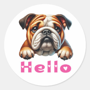 Sticker Rond Chiot Bouledogue Mignon  Chien d'Amour Bonjour 