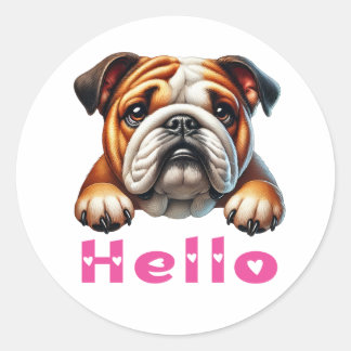 Sticker Rond Chiot Bouledogue Mignon Chien d'Amour Bonjour