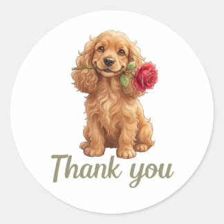 Sticker Rond Chiot Cocker Spaniel Mignon avec Rose Rouge Aquare