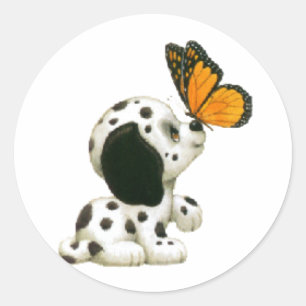 Sticker Rond Chiot dalmatien avec le papillon