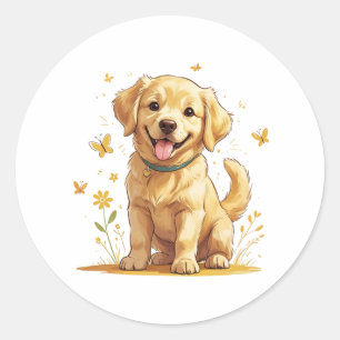 Sticker Rond Chiot Golden Retriever avec Fleurs Jaunes