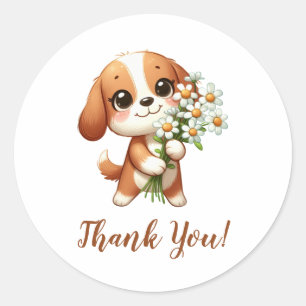 Sticker Rond Chiot mignon avec Merci de tournesol