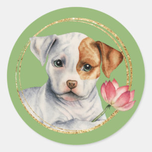 Sticker Rond Chiot mignon de pitbull avec la fleur de ressort
