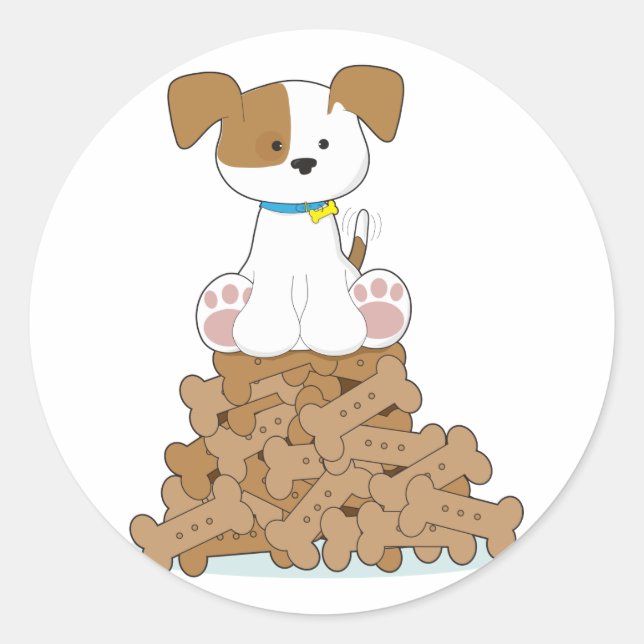 Sticker Rond Chiot mignon et os (Devant)