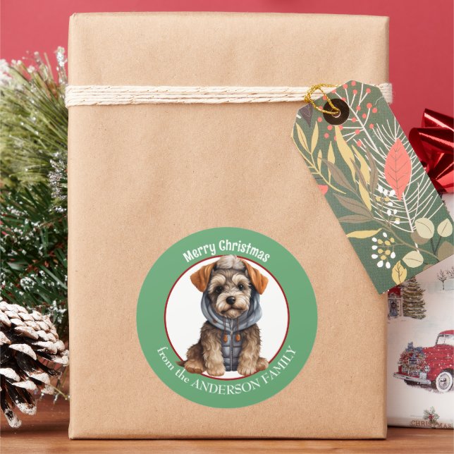 Sticker Rond Chiot Schnauzer miniature en hiver Noël de manteau (vacances)
