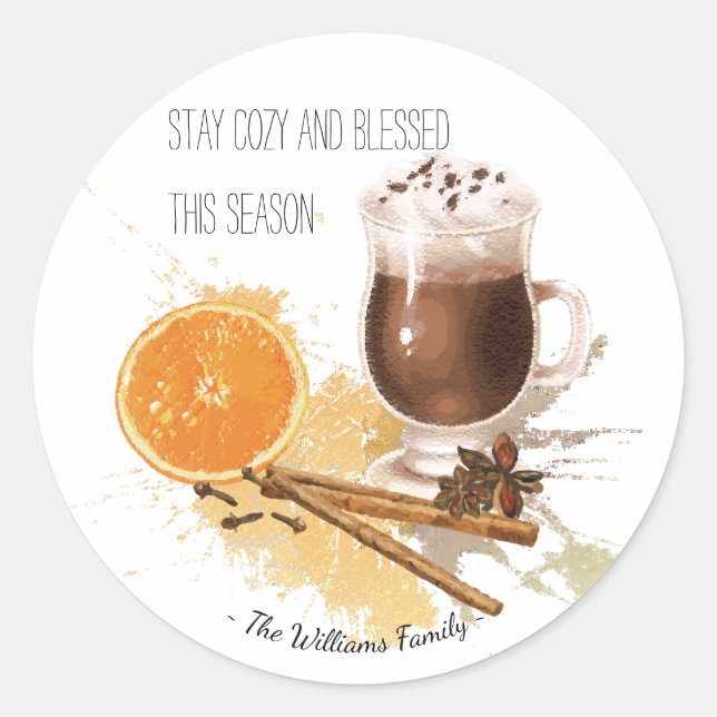 Sticker Rond Chocolat Chaud Cinnamon Orange Saison Salutations (Devant)