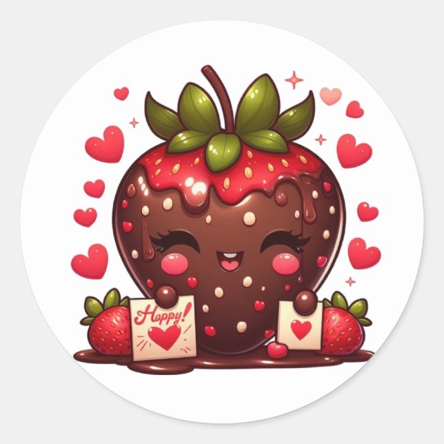 Sticker Rond Chocolat Couvert de fraise Saint-Valentin (Devant)