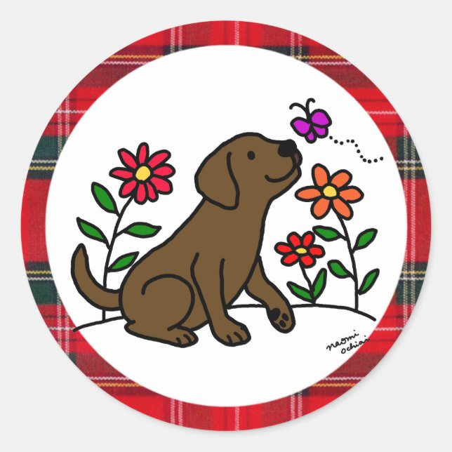 Sticker Rond Chocolat Labrador & vert avec coeur (Devant)