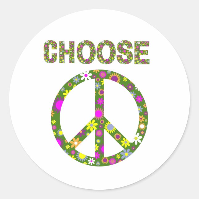 Sticker Rond Choisissez Paix - Panneau de Paix Fleur Rétro (Devant)