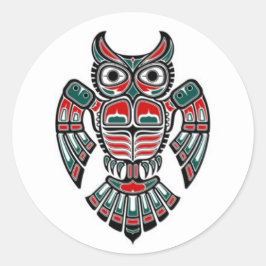 Sticker Rond Chouette à tête bleue rouge et noire haïda