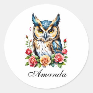 Sticker Rond Chouette aquarelle avec Fleurs Fille