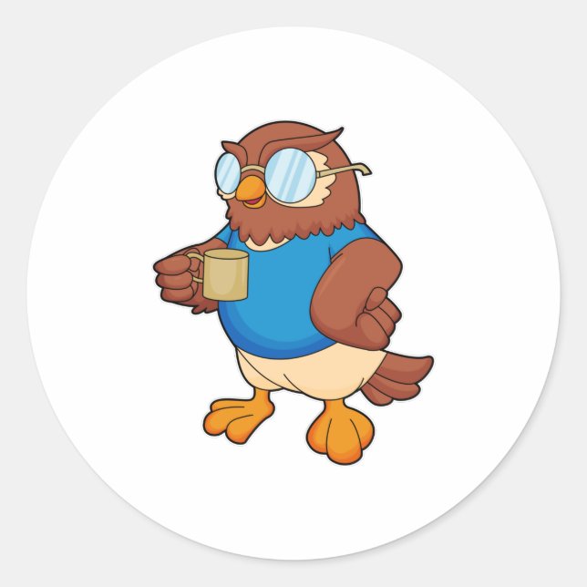 Sticker Rond Chouette avec tasse de café (Devant)