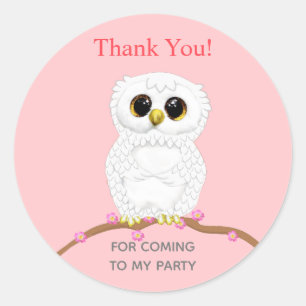 Sticker Rond Chouette blanche mignonne sur fond rose clair merc