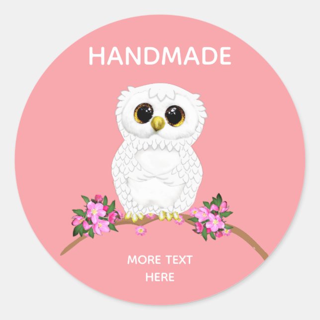 Sticker Rond Chouette blanche mignonne sur le rose clair fait m (Devant)