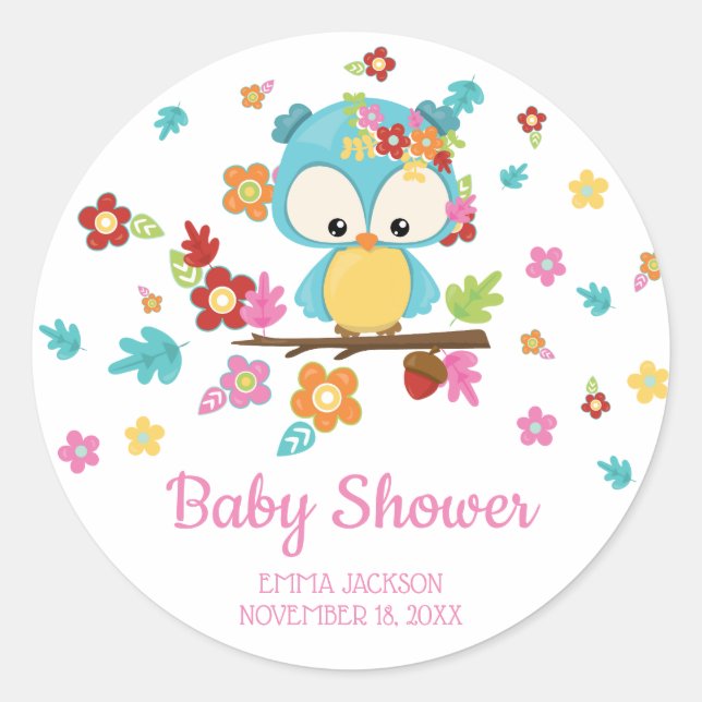 Sticker Rond Chouette boisée mignonne et fleurs Baby shower béb (Devant)