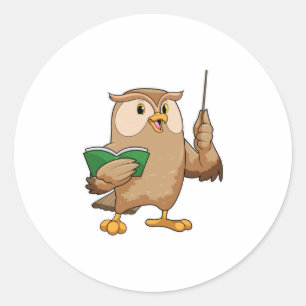 Sticker Rond Chouette comme enseignant avec livre et pointeur
