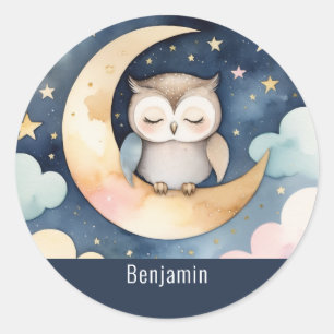 Sticker Rond Chouette couchée mignonne sur la lune Nom personna