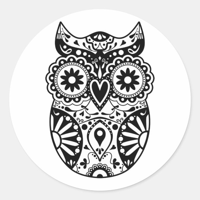 Sticker Rond Chouette crâne à sucre noir et blanc (Devant)