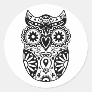 Sticker Rond Chouette crâne à sucre noir et blanc